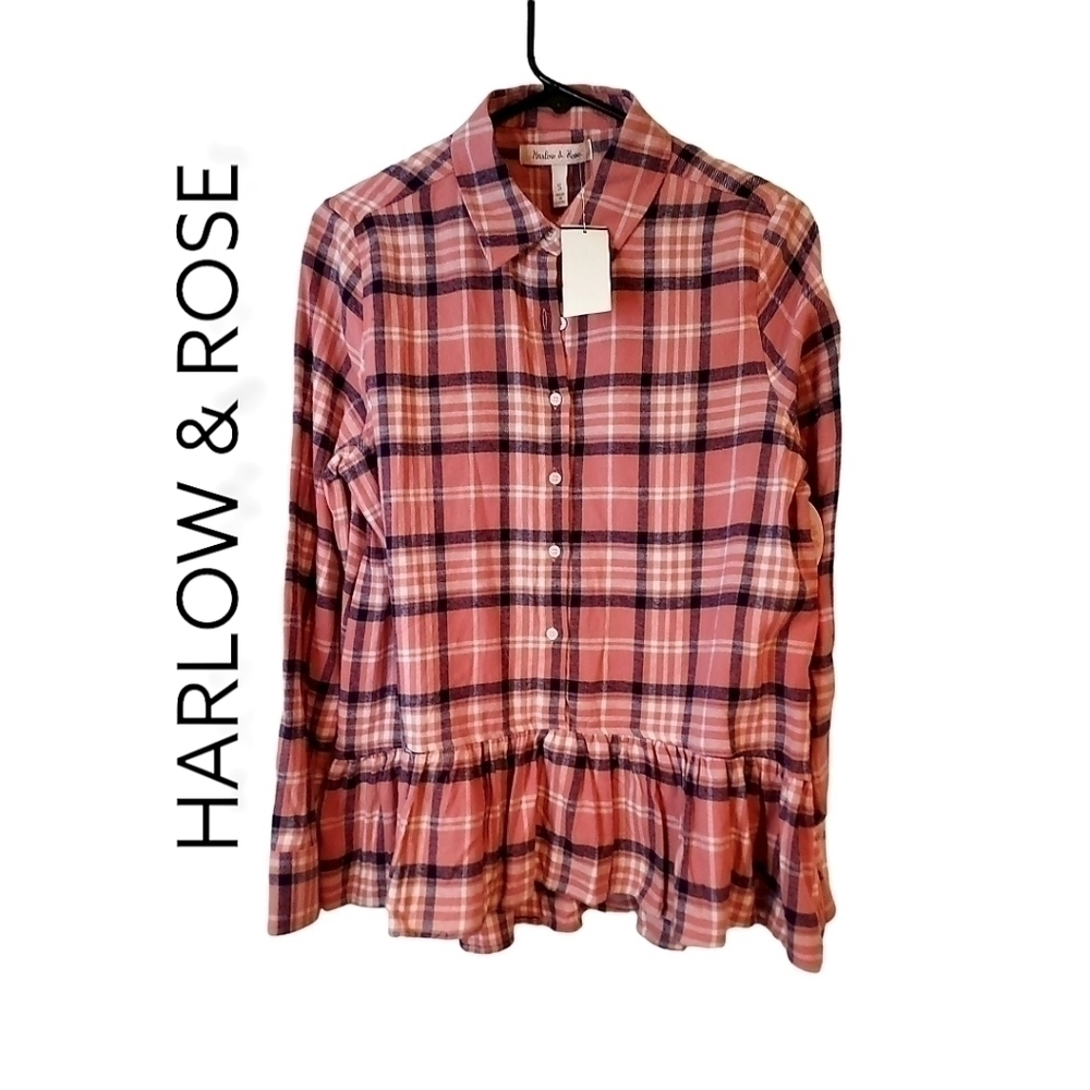 Nwt Harlow & Rose Sherpa flannel pink plaid button exaggerated ruffle hem shirt…